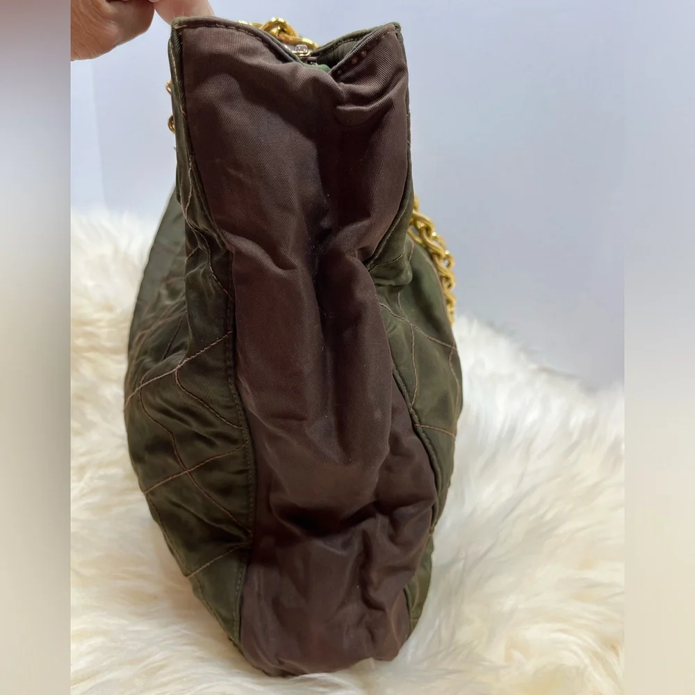 Escada Vintage Lux Quilted Nylon Tote/Shoulder Bag Olive Green and Brown - Picture 12 of 17